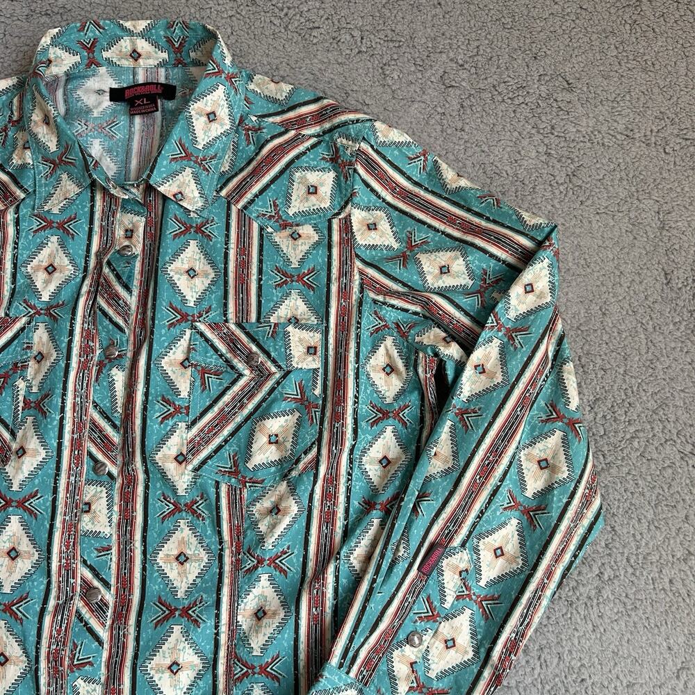 Rock & Roll Cowboy Shirt Mens Large Blue Aztec Snap Front Modern Fit Long Sleeve - Picture 7 of 16